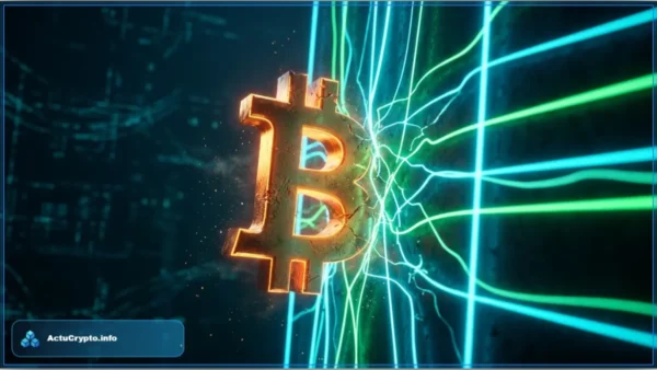 Symbole Bitcoin heurtant une grille lumineuse illustrant la résistance du cours Bitcoin à 63 769 dollars
