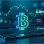 Graphique financier lumineux affichant le cours Bitcoin en baisse vers le support critique des 63 220 dollars.