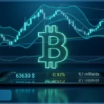 Symbole Bitcoin lumineux sur un graphique boursier affichant le cours Bitcoin a 63 630 dollars