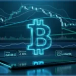 Symbole Bitcoin lumineux devant un graphique financier montrant la baisse du cours Bitcoin à 64 336 dollars