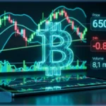 Interface numérique affichant le cours Bitcoin en temps réel à 65 084 dollars avec des graphiques de trading