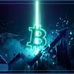 Graphique futuriste illustrant le cours Bitcoin en pleine ascension et franchissant la barre des 65 000 dollars