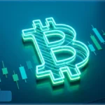 Logo Bitcoin en néon lumineux avec un graphique en chandeliers japonais illustrant la hausse du cours Bitcoin