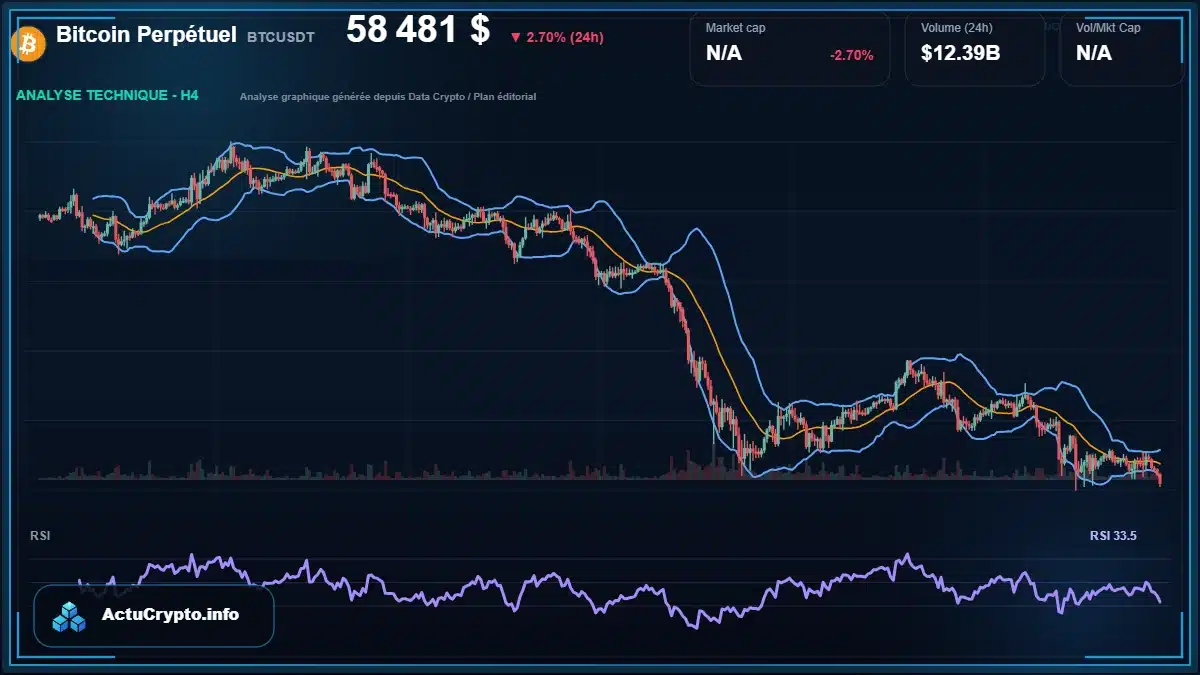 Graphique du cours Bitcoin Perpétuel à 58481 $ Analyse technique du cours de Bitcoin Perpétuel de bitcoin à 58481 $ aujourd'hui