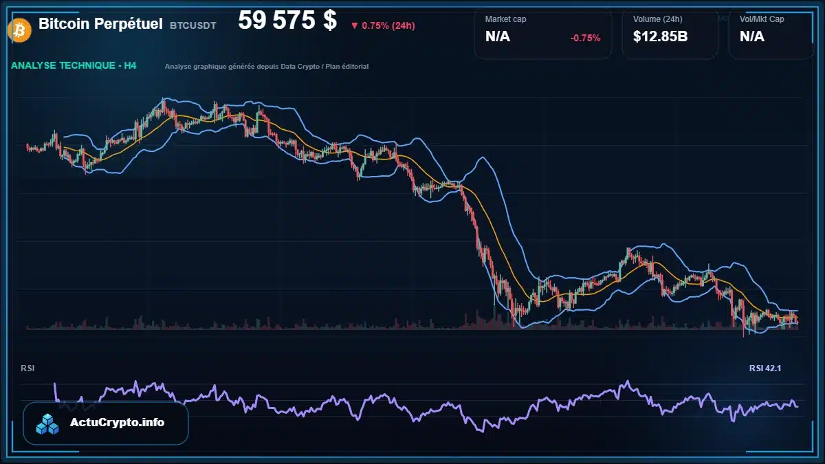 Graphique du cours Bitcoin Perpétuel à 59575 $ Analyse technique du cours de Bitcoin Perpétuel de bitcoin à 59575 $ aujourd'hui