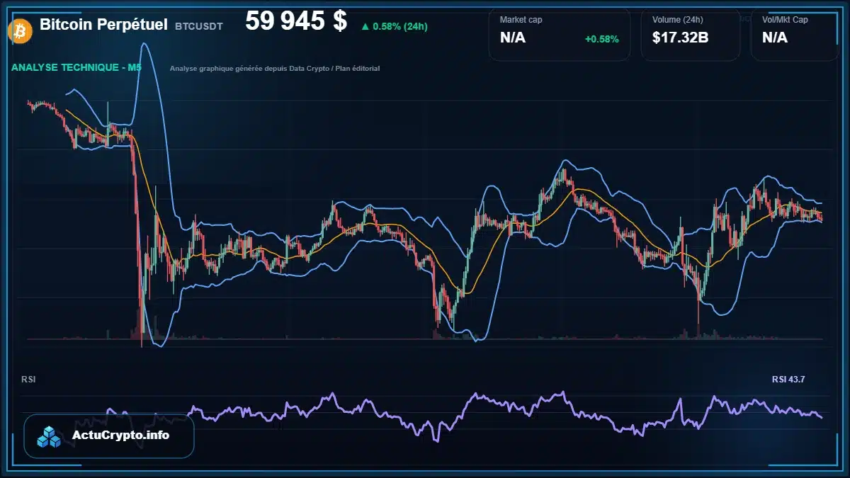 Graphique du cours Bitcoin Perpétuel à 59945 $ Analyse technique du cours de Bitcoin Perpétuel de bitcoin à 59945 $ aujourd'hui