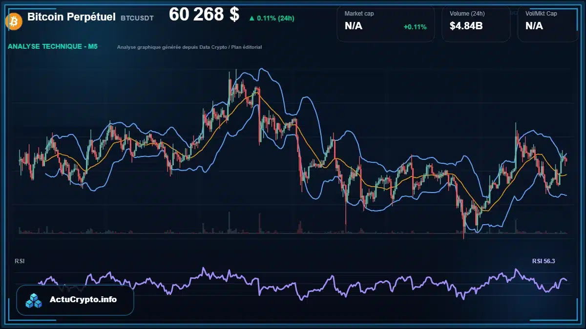 Graphique du cours Bitcoin Perpétuel à 60268 $ Analyse technique du cours de Bitcoin Perpétuel de bitcoin à 60268 $ aujourd'hui