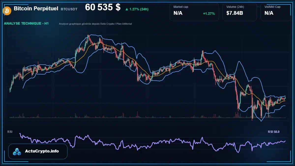 Graphique du cours Bitcoin Perpétuel à 60535 $ Analyse technique du cours de Bitcoin Perpétuel de bitcoin à 60535 $ aujourd'hui