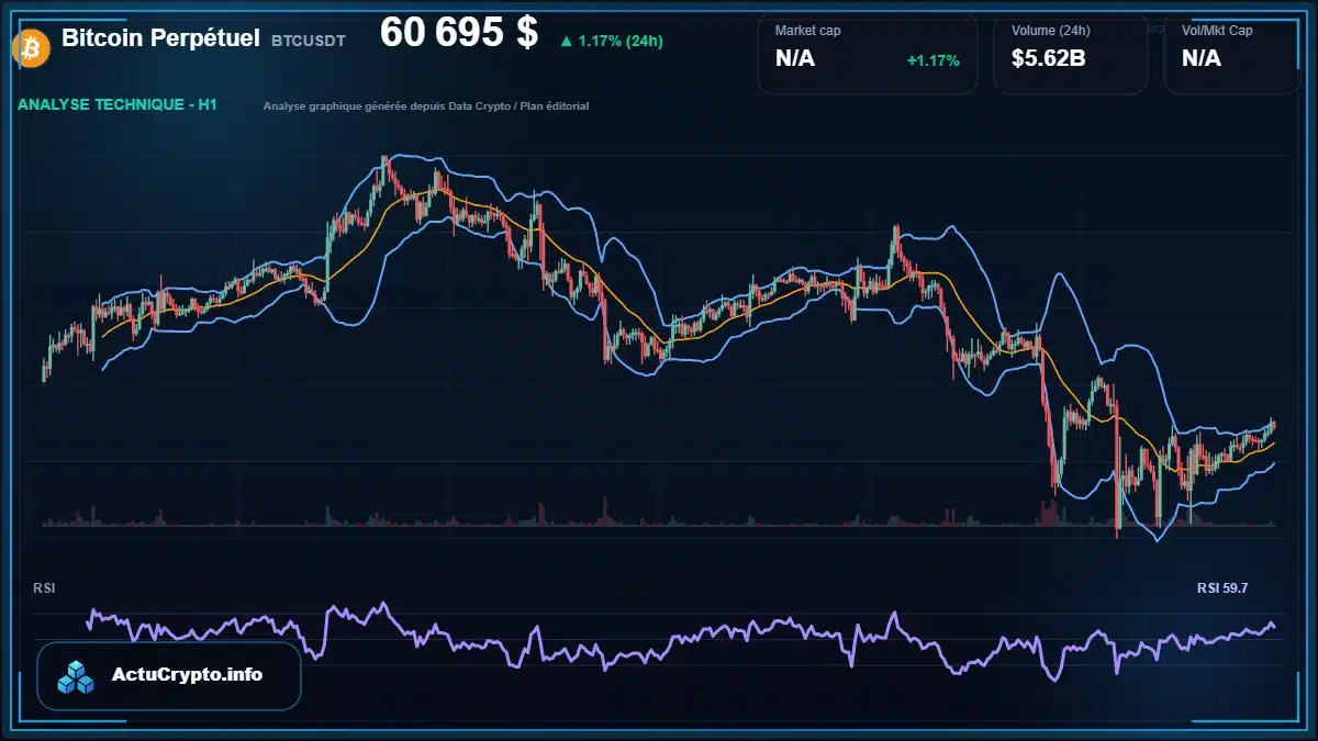 Graphique du cours Bitcoin Perpétuel à 60695 $ Analyse technique du cours de Bitcoin Perpétuel de bitcoin à 60695 $ aujourd'hui