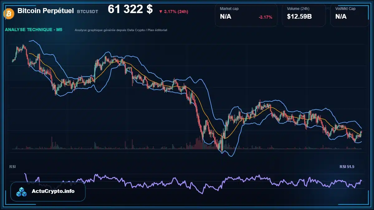 Graphique du cours Bitcoin Perpétuel à 61322 $ Analyse technique du cours de Bitcoin Perpétuel de bitcoin à 61322 $ aujourd'hui