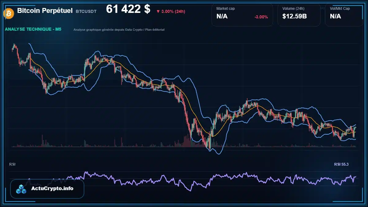 Graphique du cours Bitcoin Perpétuel à 61422 $ Analyse technique du cours de Bitcoin Perpétuel de bitcoin à 61422 $ aujourd'hui