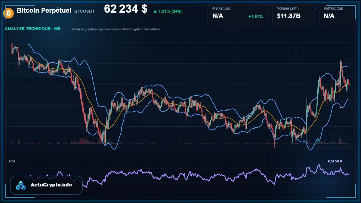 Graphique du cours Bitcoin Perpétuel à 62234 $ Analyse technique du cours de Bitcoin Perpétuel de bitcoin à 62234 $ aujourd'hui