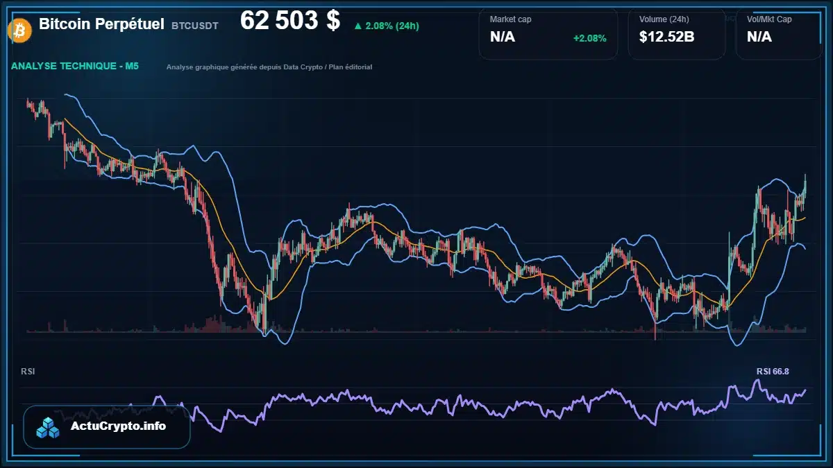Graphique du cours Bitcoin Perpétuel à 62503 $ Analyse technique du cours de Bitcoin Perpétuel de bitcoin à 62503 $ aujourd'hui