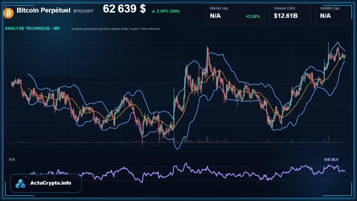 Graphique du cours Bitcoin Perpétuel à 62639 $ Analyse technique du cours de Bitcoin Perpétuel de bitcoin à 62639 $ aujourd'hui