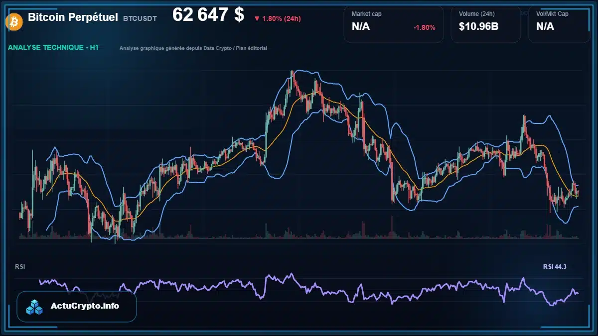 Graphique du cours Bitcoin Perpétuel à 62647 $ Analyse technique du cours de Bitcoin Perpétuel de bitcoin à 62647 $ aujourd'hui