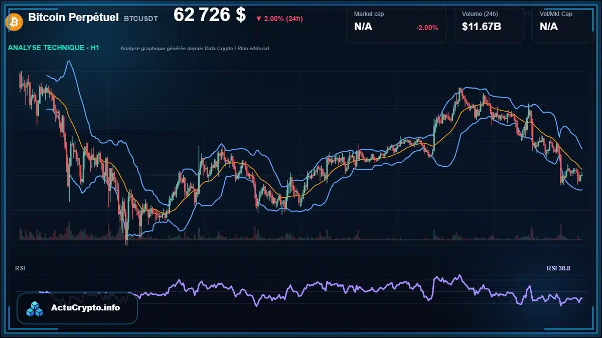 Graphique du cours Bitcoin Perpétuel à 62726 $ Analyse technique du cours de Bitcoin Perpétuel de bitcoin à 62726 $ aujourd'hui