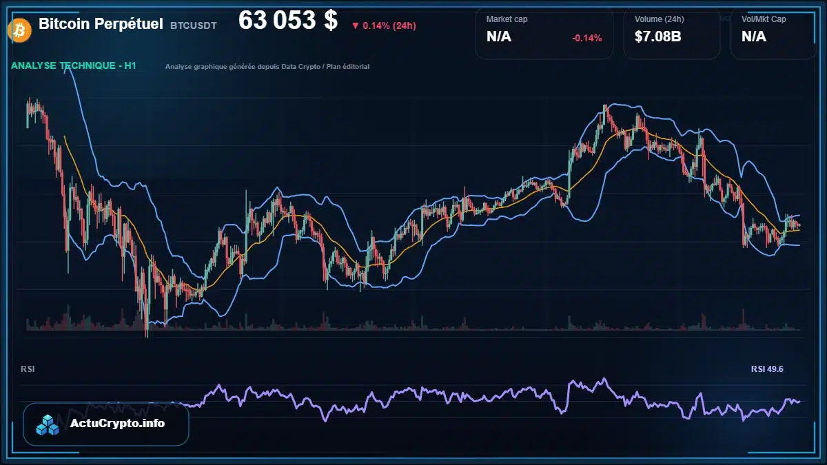 Graphique du cours Bitcoin Perpétuel à 63053 $ Analyse technique du cours de Bitcoin Perpétuel de bitcoin à 63053 $ aujourd'hui