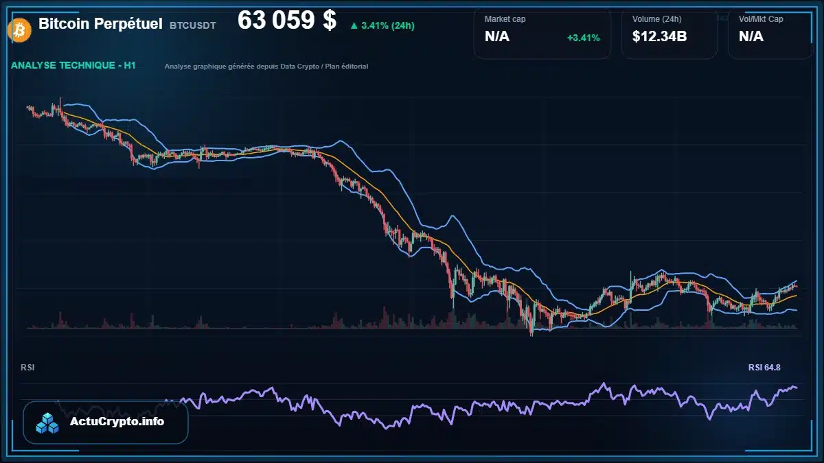 Graphique du cours Bitcoin Perpétuel à 63059 $ Analyse technique du cours de Bitcoin Perpétuel de bitcoin à 63059 $ aujourd'hui