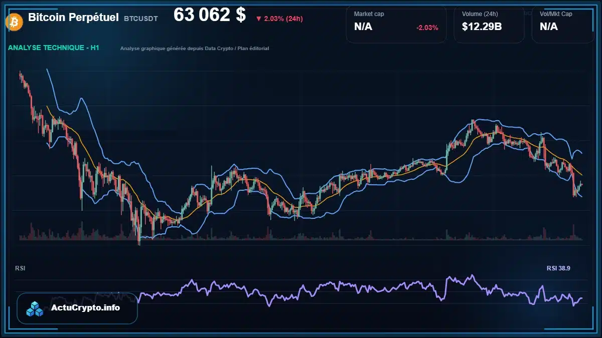 Graphique du cours Bitcoin Perpétuel à 63062 $ Analyse technique du cours de Bitcoin Perpétuel de bitcoin à 63062 $ aujourd'hui