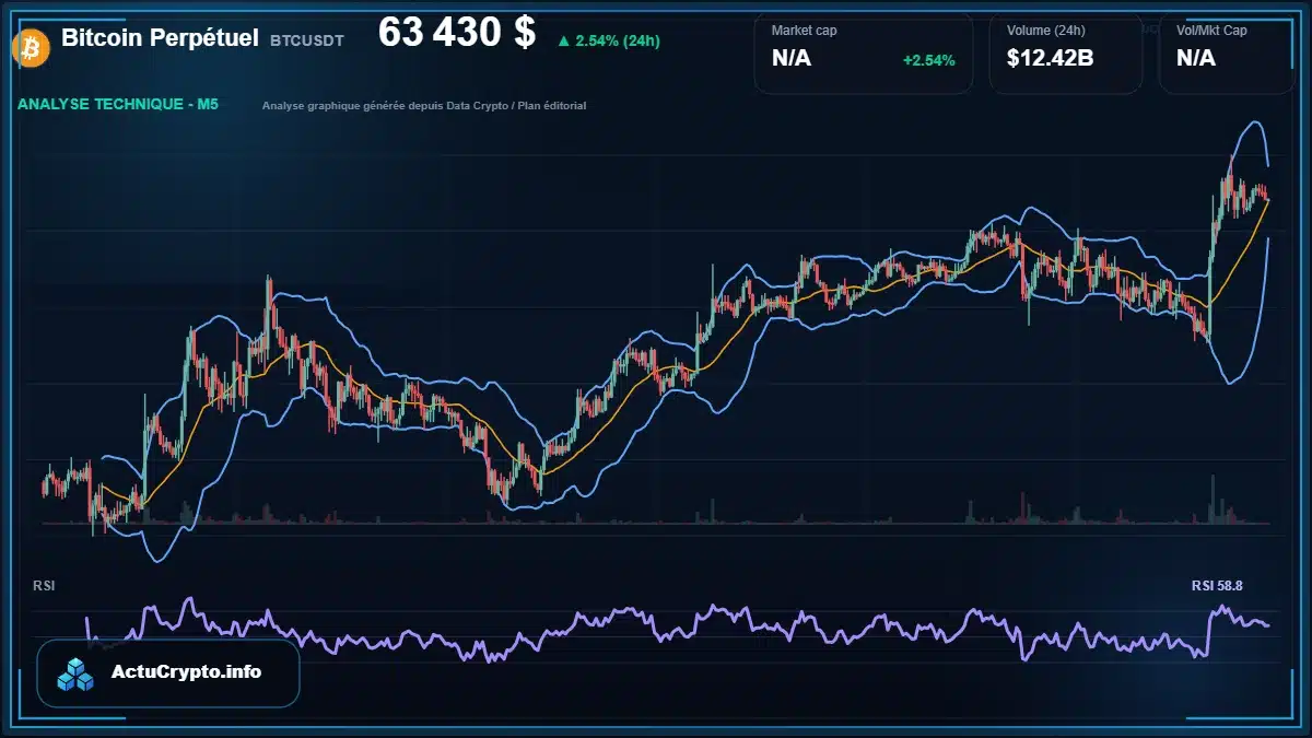 Graphique du cours Bitcoin Perpétuel à 63430 $ Analyse technique du cours de Bitcoin Perpétuel de bitcoin à 63430 $ aujourd'hui