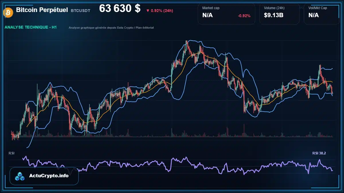 Graphique du cours Bitcoin Perpétuel à 63630 $ Analyse technique du cours de Bitcoin Perpétuel de bitcoin à 63630 $ aujourd'hui