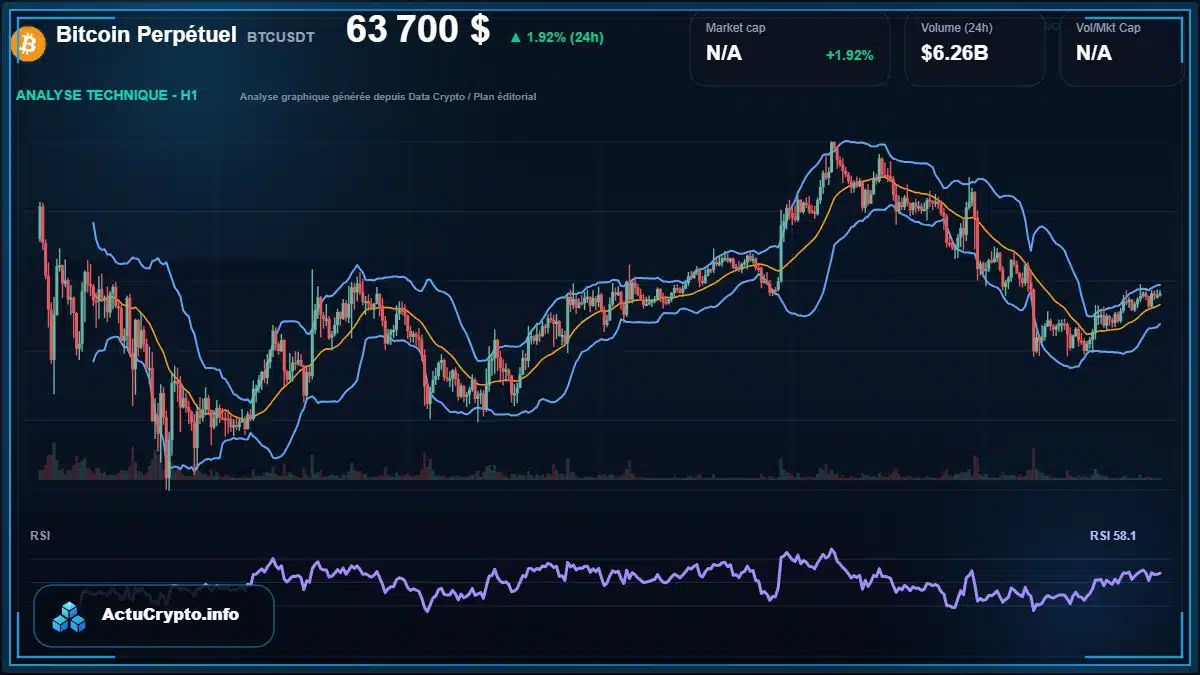 Graphique du cours Bitcoin Perpétuel à 63700 $ Analyse technique du cours de Bitcoin Perpétuel de bitcoin à 63700 $ aujourd'hui