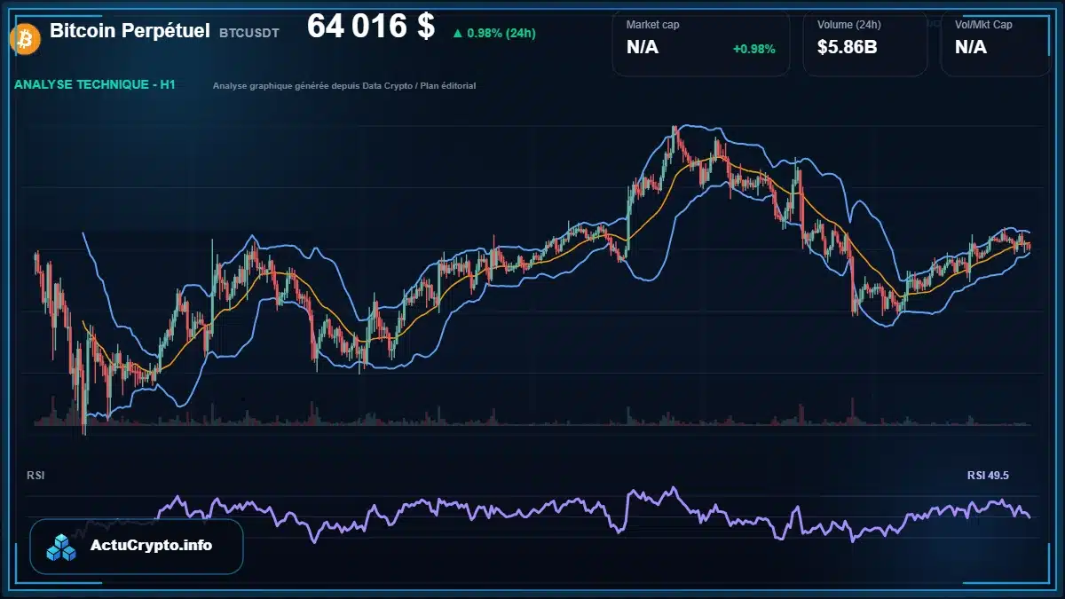 Graphique du cours Bitcoin Perpétuel à 64016 $ Analyse technique du cours de Bitcoin Perpétuel de bitcoin à 64016 $ aujourd'hui