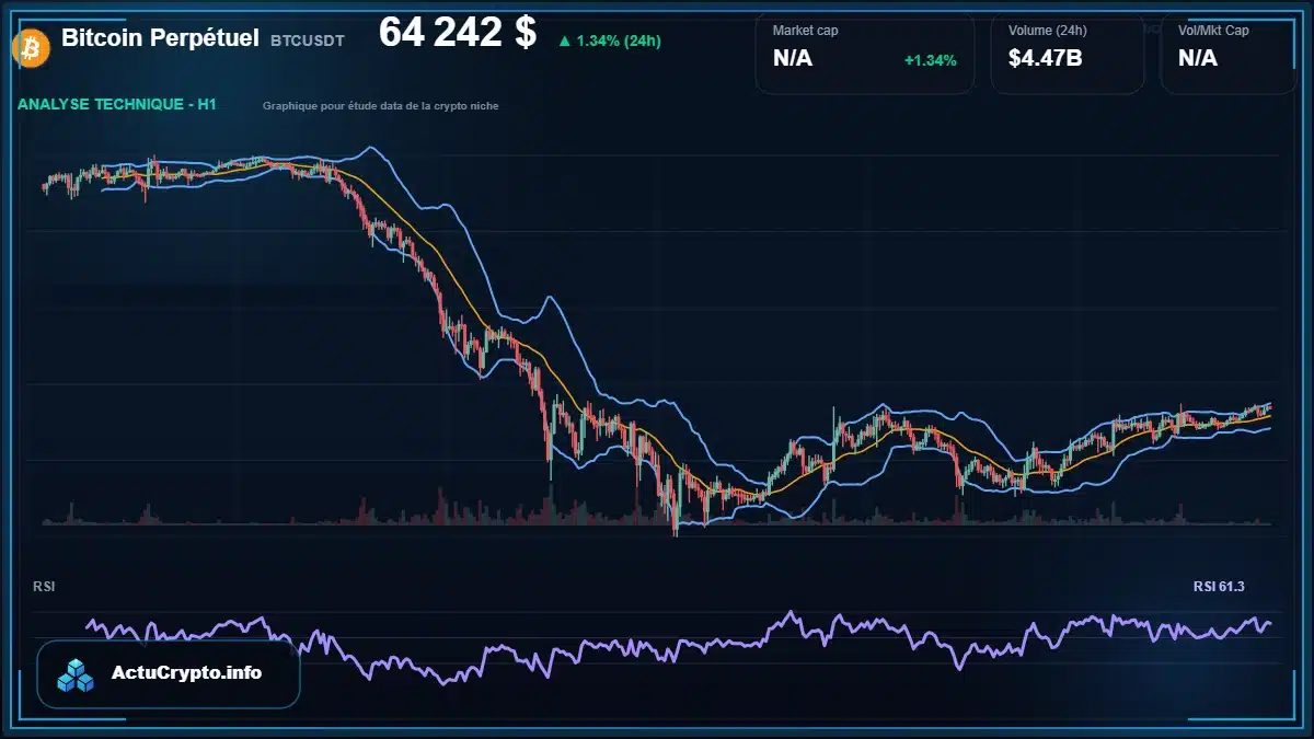 Graphique du cours Bitcoin Perpétuel à 64242 $ Analyse technique du cours de Bitcoin Perpétuel de bitcoin à 64242 $ aujourd'hui
