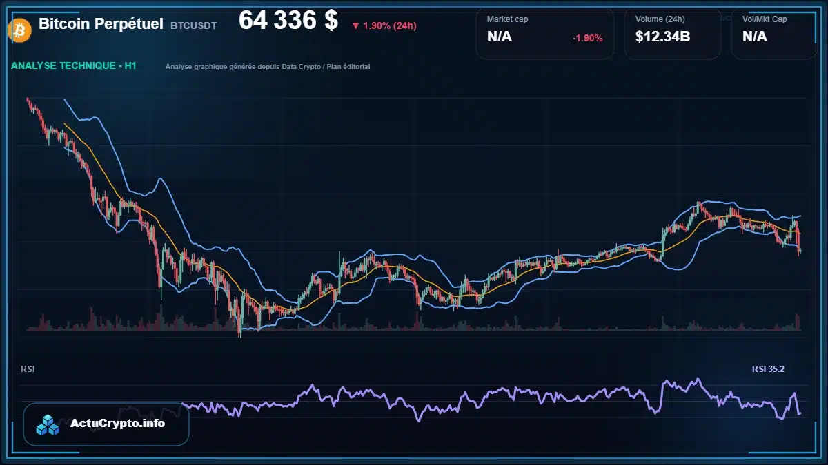 Graphique du cours Bitcoin Perpétuel à 64336 $ Analyse technique du cours de Bitcoin Perpétuel de bitcoin à 64336 $ aujourd'hui