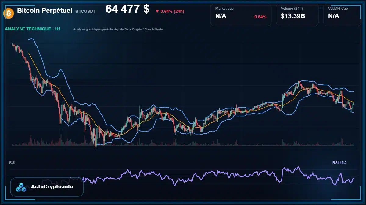 Graphique du cours Bitcoin Perpétuel à 64477 $ Analyse technique du cours de Bitcoin Perpétuel de bitcoin à 64477 $ aujourd'hui