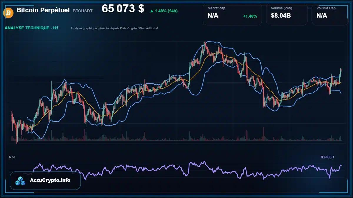 Graphique du cours Bitcoin Perpétuel à 65073 $ Analyse technique du cours de Bitcoin Perpétuel de bitcoin à 65073 $ aujourd'hui