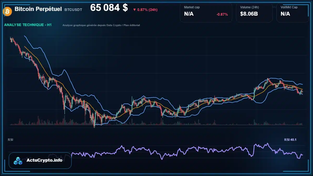 Graphique du cours Bitcoin Perpétuel à 65084 $ Analyse technique du cours de Bitcoin Perpétuel de bitcoin à 65084 $ aujourd'hui