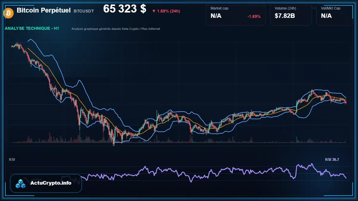 Graphique du cours Bitcoin Perpétuel à 65323 $ Analyse technique du cours de Bitcoin Perpétuel de bitcoin à 65323 $ aujourd'hui