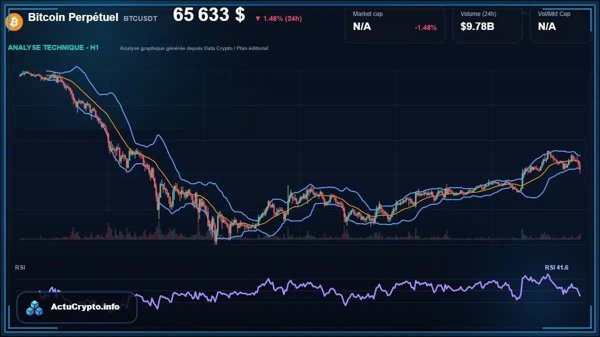 Graphique du cours Bitcoin Perpétuel à 65633 $ Analyse technique du cours de Bitcoin Perpétuel de bitcoin à 65633 $ aujourd'hui