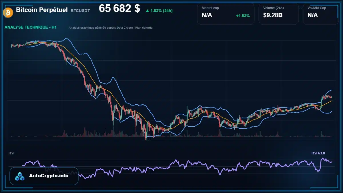 Graphique du cours Bitcoin Perpétuel à 65682 $ Analyse technique du cours de Bitcoin Perpétuel de bitcoin à 65682 $ aujourd'hui