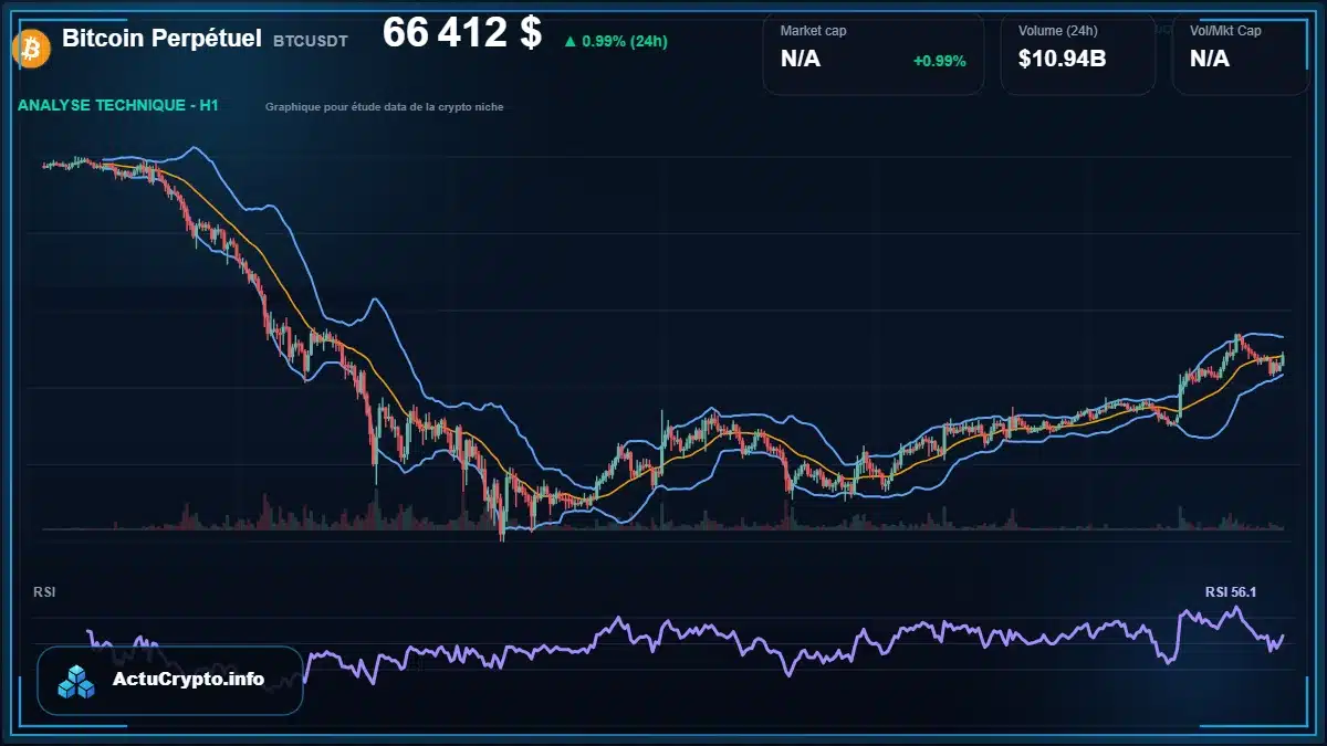 Graphique du cours Bitcoin Perpétuel à 66412 $ Analyse technique du cours de Bitcoin Perpétuel de bitcoin à 66412 $ aujourd'hui
