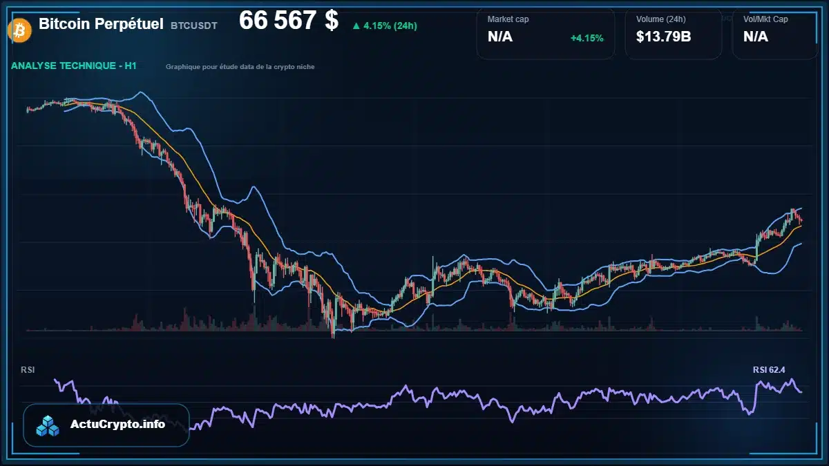 Graphique du cours Bitcoin Perpétuel à 66567 $ Analyse technique du cours de Bitcoin Perpétuel de bitcoin à 66567 $ aujourd'hui