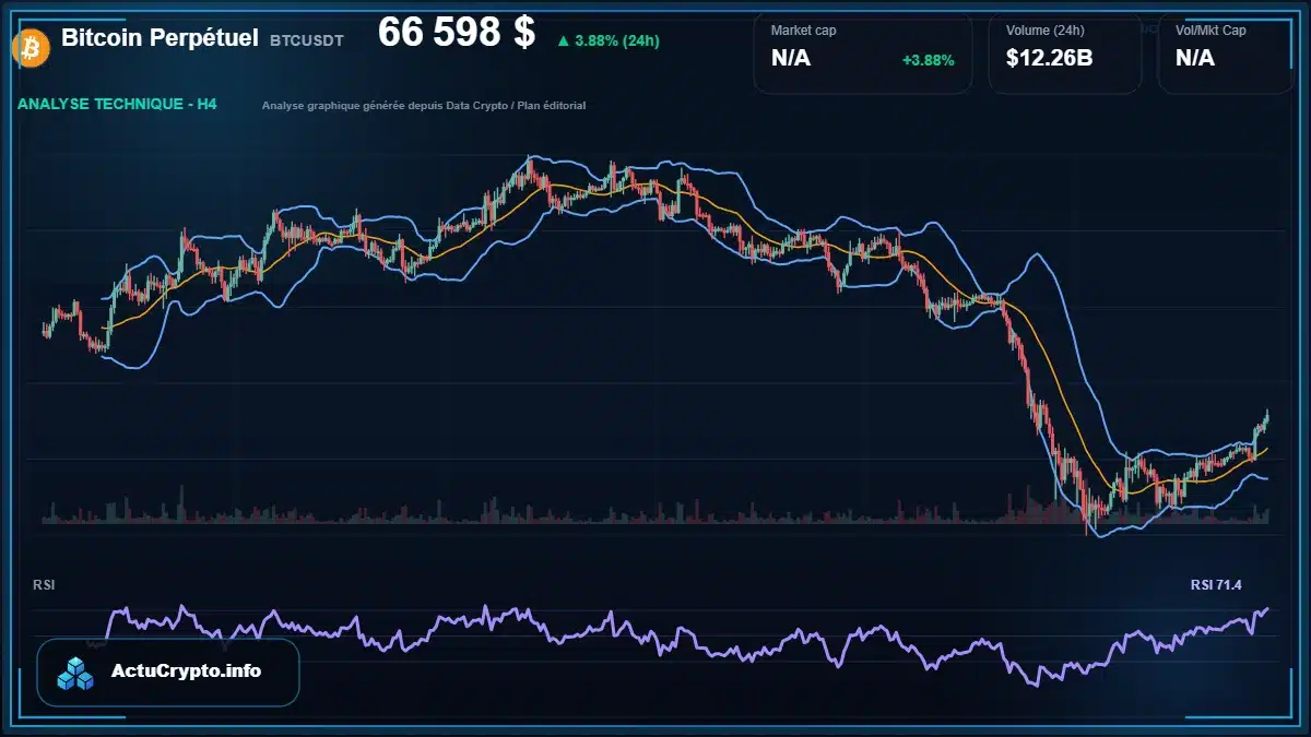 Graphique du cours Bitcoin Perpétuel à 66598 $ Analyse technique du cours de Bitcoin Perpétuel de bitcoin à 66598 $ aujourd'hui