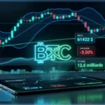 Graphique d'analyse technique affichant le cours Bitcoin en baisse à 61 422 dollars sur une tablette numérique