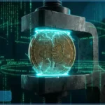 Pièce de Bitcoin écrasée dans un étau avec du code informatique, représentant la pression sur le cours Bitcoin