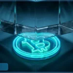 Logo Bitcoin lumineux sous un bloc de verre illustrant la pression technique sur le cours Bitcoin