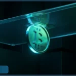 Pièce 3D de Bitcoin avec éclairage vert sous une plaque de verre représentant le cours Bitcoin face à sa résistance