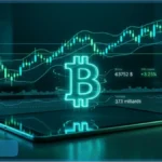 Hologramme du logo Bitcoin au-dessus d'une tablette affichant un graphique du cours Bitcoin à 63752 dollars