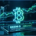 Illustration du cours Bitcoin en hausse avec des graphiques de trading et un prix affiche de 66 598 dollars