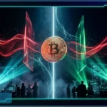 Symbole Bitcoin en 3D entouré de graphiques financiers, représentant le cours Bitcoin qui se stabilise à 63 300 dollars.