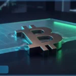 Symbole Bitcoin en 3D sur une grille lumineuse bleue et verte illustrant la stagnation du cours Bitcoin sous les 65 000 dollars