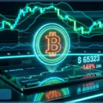 Graphique virtuel affichant le cours Bitcoin à 65 323 dollars avec des chandeliers japonais et des données de marché