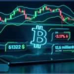 Graphique de trading montrant le cours Bitcoin a 61322 dollars avec une baisse de 3,17 pourcent