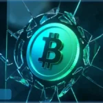 Logo Bitcoin lumineux brisant une vitre, symbolisant le cours Bitcoin qui teste une résistance clé sur le marché crypto.