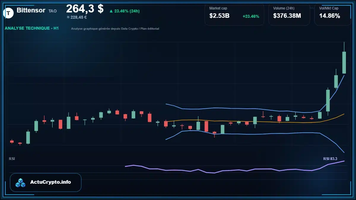 Graphique du cours Bittensor à 264 $ Analyse technique du cours de Bittensor de bittensor à 264 $ aujourd'hui